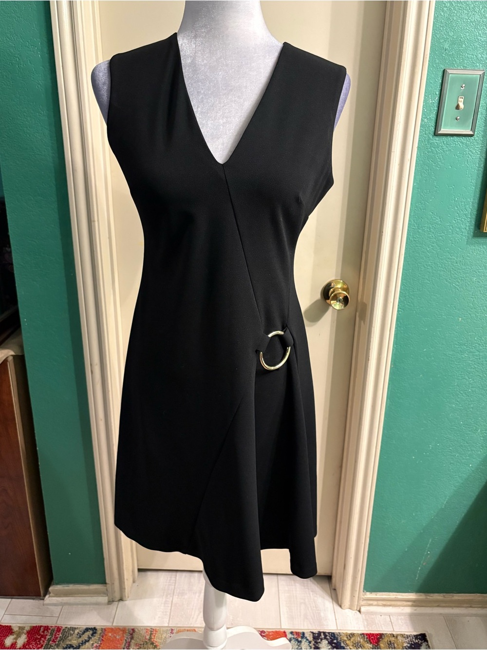 Calvin Klein Black Sleeveless V-Neck Dress with Ring Detail